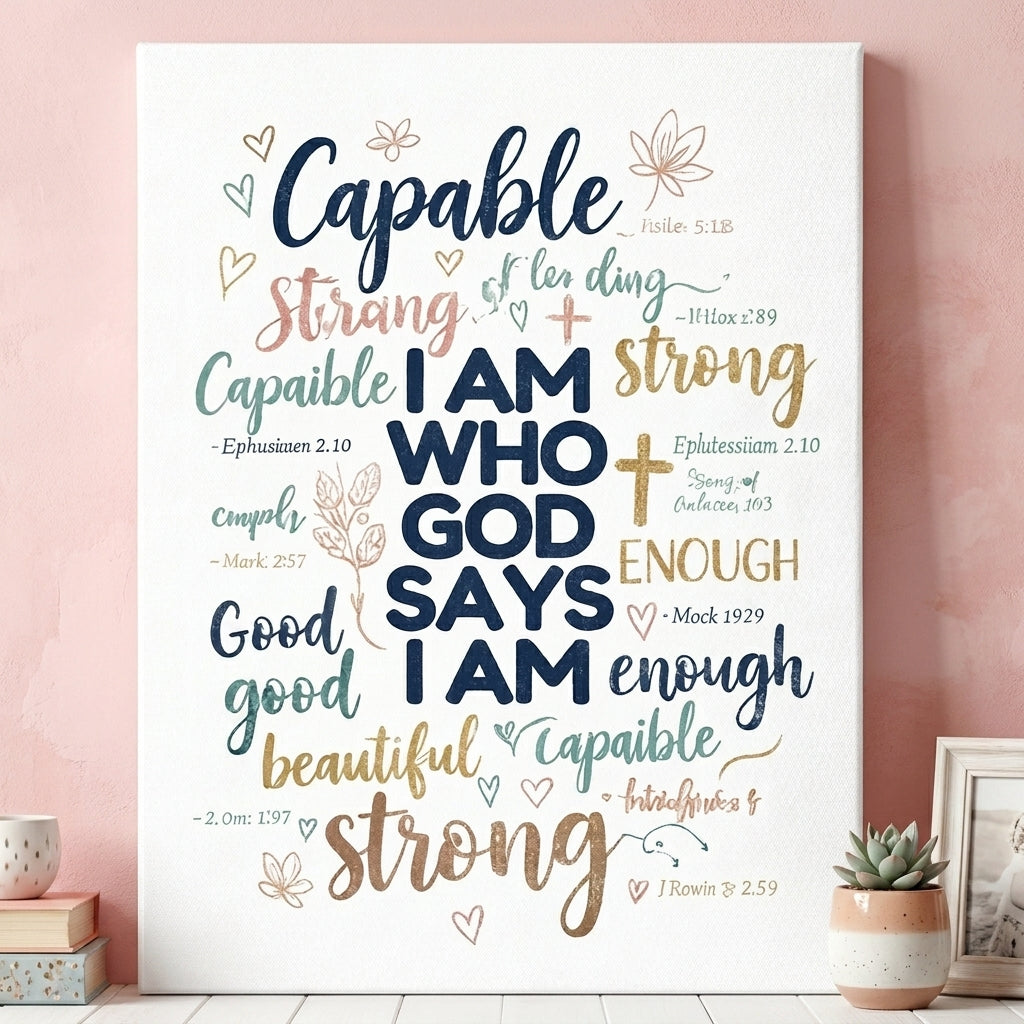 Christian Wall Art for Girls – I Am Who God Says I Am Bible Verse Decor for Bedroom & Dorm