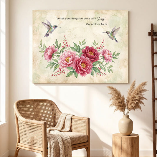Corinthians 16:14 Let All Be Done with Charity KJV Canvas Art - Watercolor Floral Decor