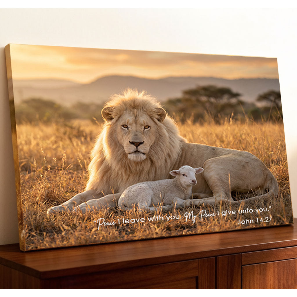 John 14:27 My Peace I Give Unto You KJV Scripture Canvas Wall Art - Lion and Lamb Sunset Decor