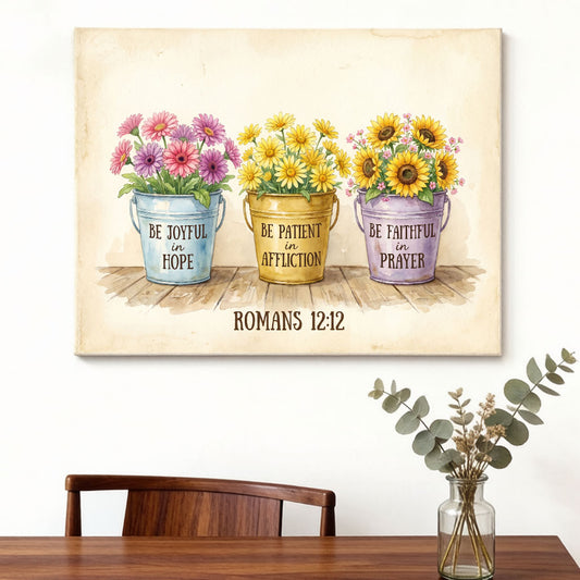 Romans 12:12 Be Joyful in Hope KJV Scripture Canvas Wall Art - Floral Bucket Decor
