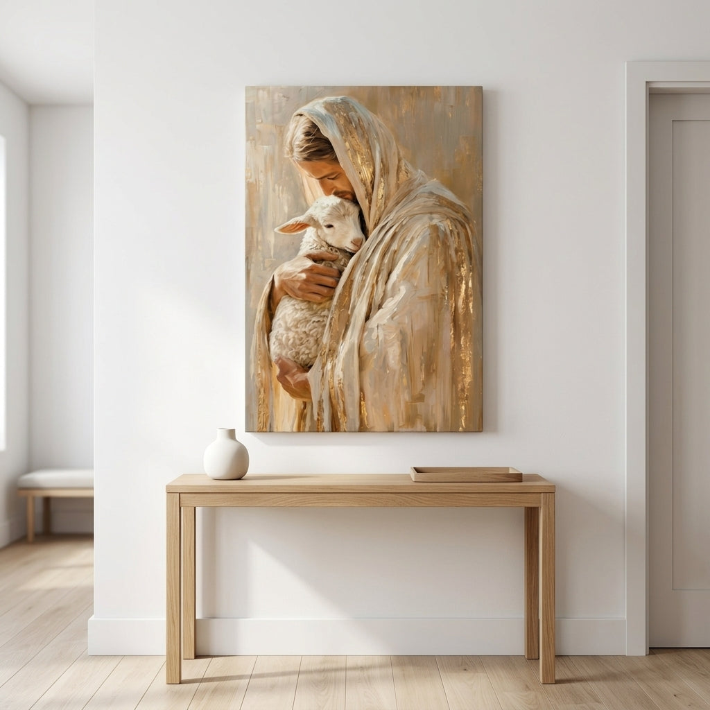 Safe in His Arms Shepherd & Lamb Golden Embrace Portrait Canvas
