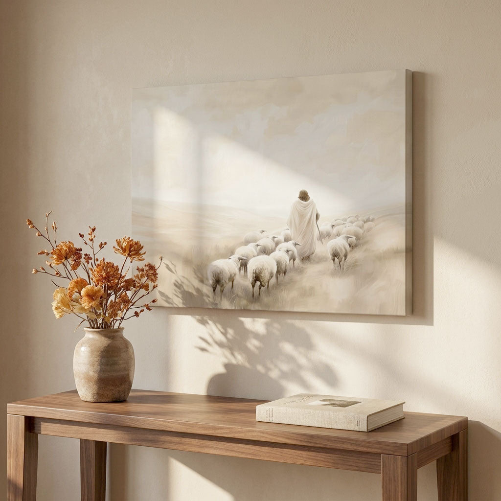 "The Walk of Faith" | Jesus Leading the Flock Minimalist Neutral Landscape Canvas