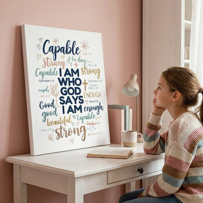 Christian Wall Art for Girls – I Am Who God Says I Am Bible Verse Decor for Bedroom & Dorm
