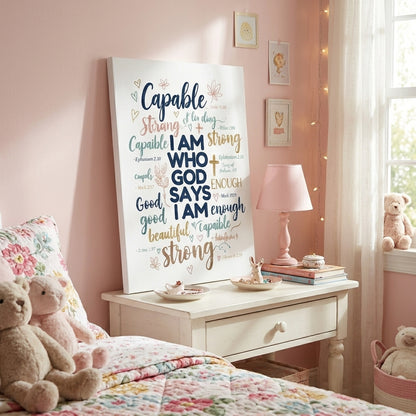 Christian Wall Art for Girls – I Am Who God Says I Am Bible Verse Decor for Bedroom & Dorm