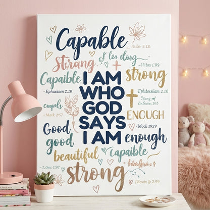 Christian Wall Art for Girls – I Am Who God Says I Am Bible Verse Decor for Bedroom & Dorm
