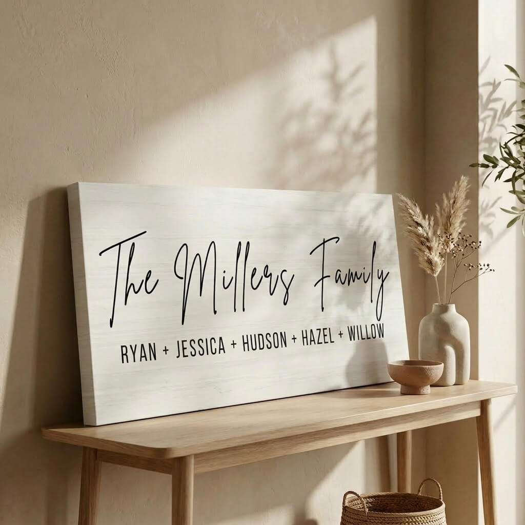 Custom Family Name Sign | Personalized Canvas Wall Art | Last Name & First Names Print | Modern Farmhouse Decor