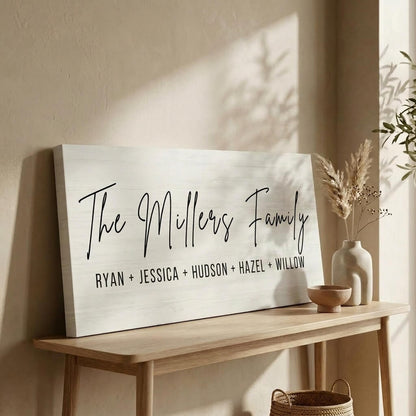 Custom Family Name Sign | Personalized Canvas Wall Art | Last Name & First Names Print | Modern Farmhouse Decor