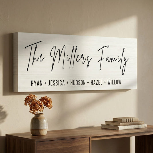 Custom Family Name Sign | Personalized Canvas Wall Art | Last Name & First Names Print | Modern Farmhouse Decor