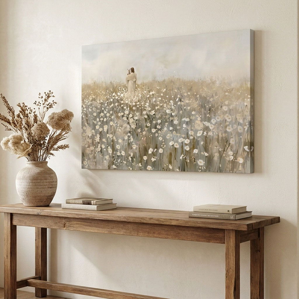 "He Carries Us" - Modern Jesus & Lamb Neutral Canvas Wall Art