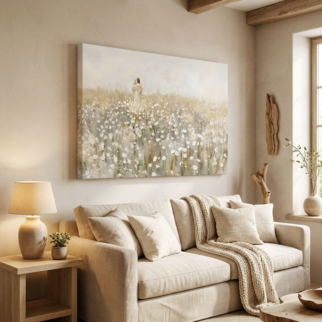 "He Carries Us" - Modern Jesus & Lamb Neutral Canvas Wall Art