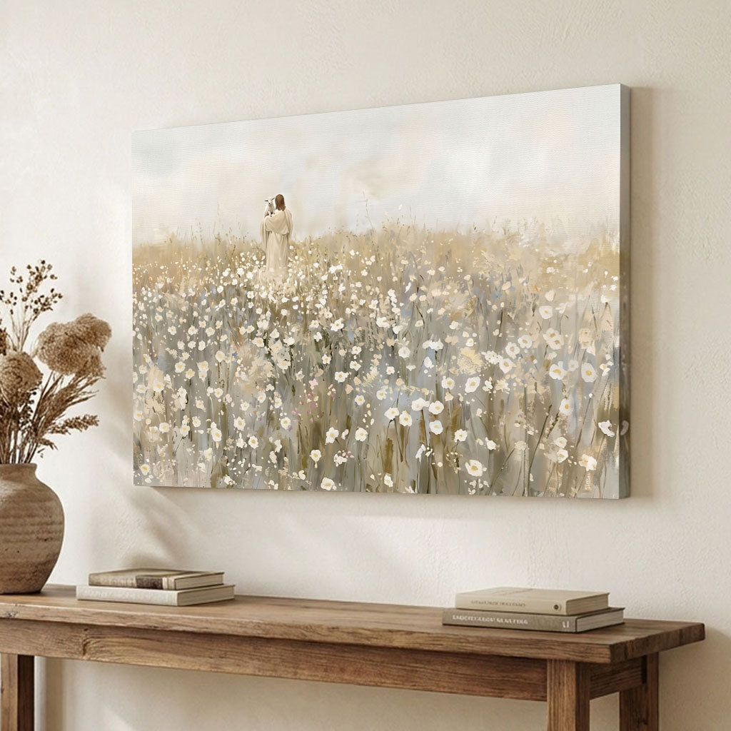 "He Carries Us" - Modern Jesus & Lamb Neutral Canvas Wall Art