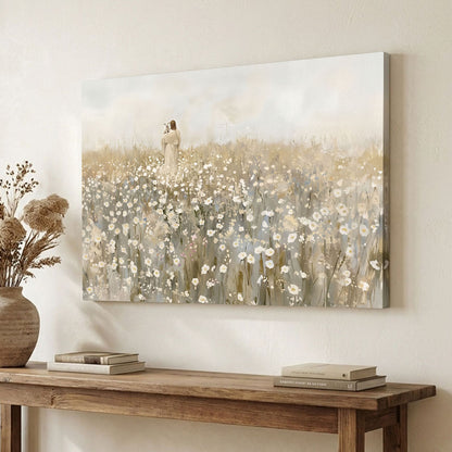 "He Carries Us" - Modern Jesus & Lamb Neutral Canvas Wall Art