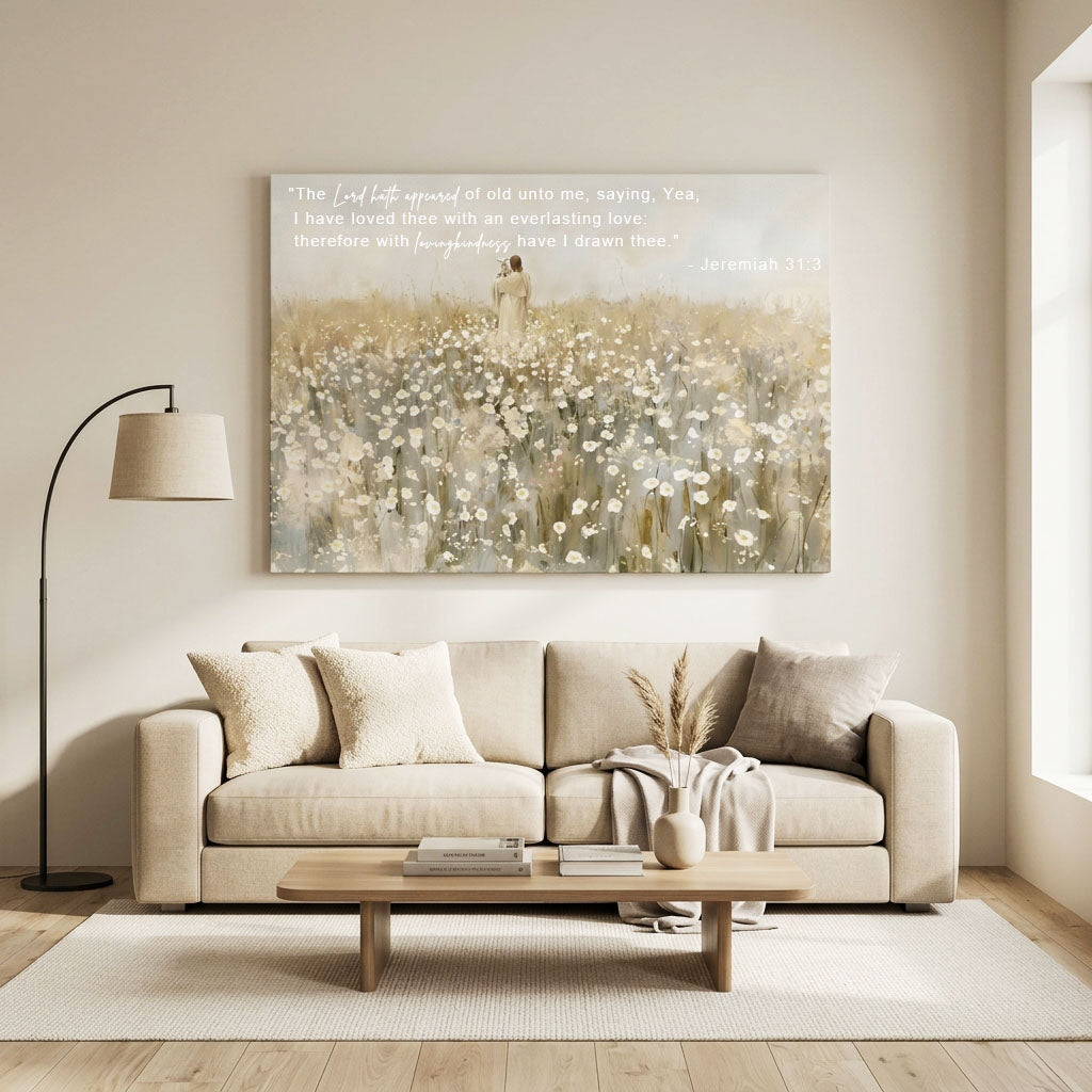 "He Carries Us" - Modern Jesus & Lamb Neutral Canvas Wall Art