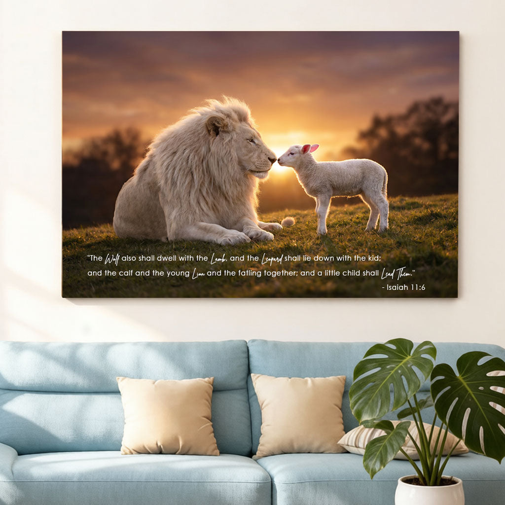 Isaiah 11:6 The Lion and the Lamb KJV Scripture Canvas Wall Art - Sunrise Meadow Decor