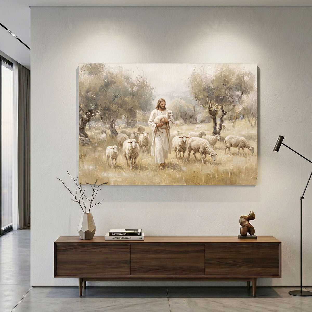 The Good Shepherd with Lamb and Sheep Canvas Wall Art - Classical Landscape Painting for Home
