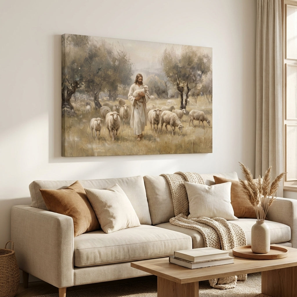 The Good Shepherd with Lamb and Sheep Canvas Wall Art - Classical Landscape Painting for Home