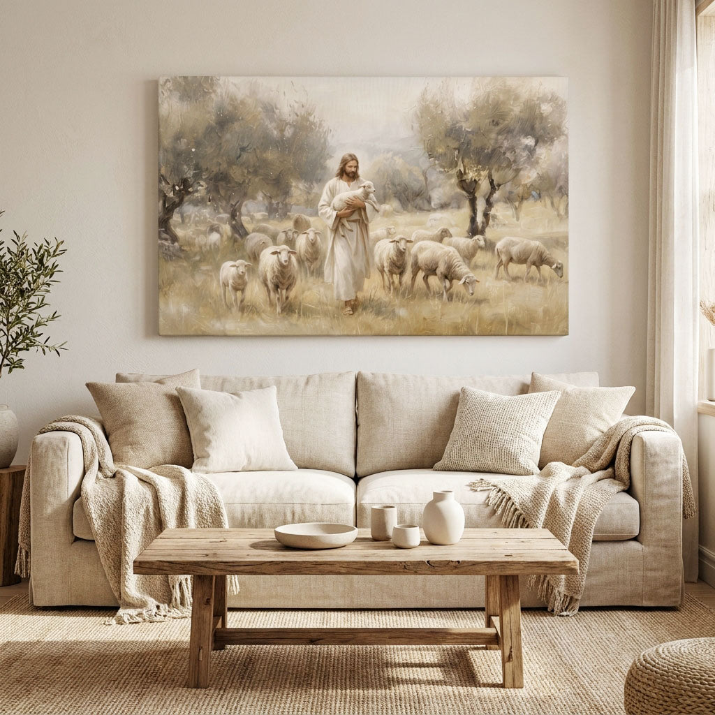 The Good Shepherd with Lamb and Sheep Canvas Wall Art - Classical Landscape Painting for Home