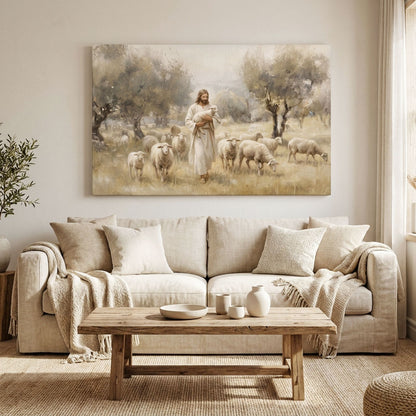 The Good Shepherd with Lamb and Sheep Canvas Wall Art - Classical Landscape Painting for Home