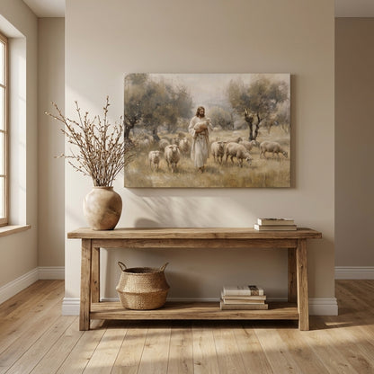 The Good Shepherd with Lamb and Sheep Canvas Wall Art - Classical Landscape Painting for Home