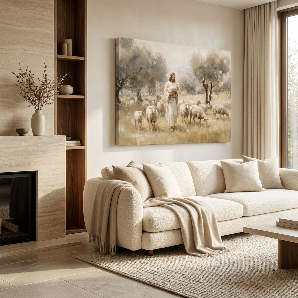 The Good Shepherd with Lamb and Sheep Canvas Wall Art - Classical Landscape Painting for Home