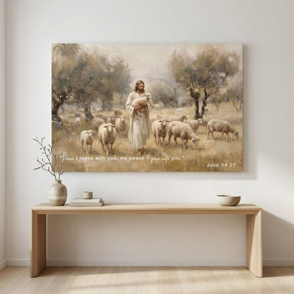 The Good Shepherd with Lamb and Sheep Canvas Wall Art - Classical Landscape Painting for Home
