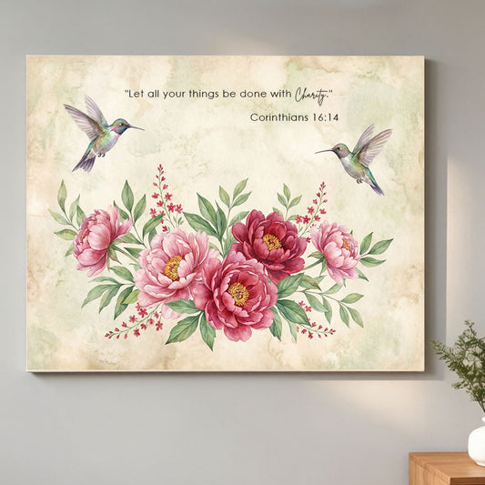 Corinthians 16:14 Let All Be Done with Charity KJV Canvas Art - Watercolor Floral Decor