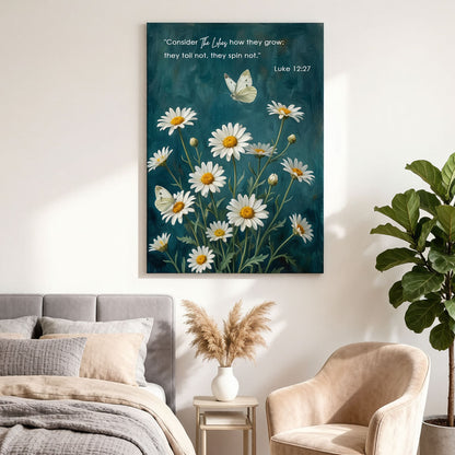 Luke 12:27 Consider the Lilies KJV Scripture Canvas Wall Art - Daisy Butterfly Botanical Decor