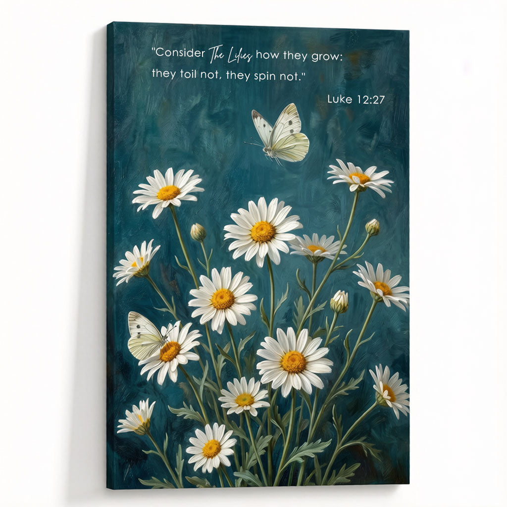 Luke 12:27 Consider the Lilies KJV Scripture Canvas Wall Art - Daisy Butterfly Botanical Decor