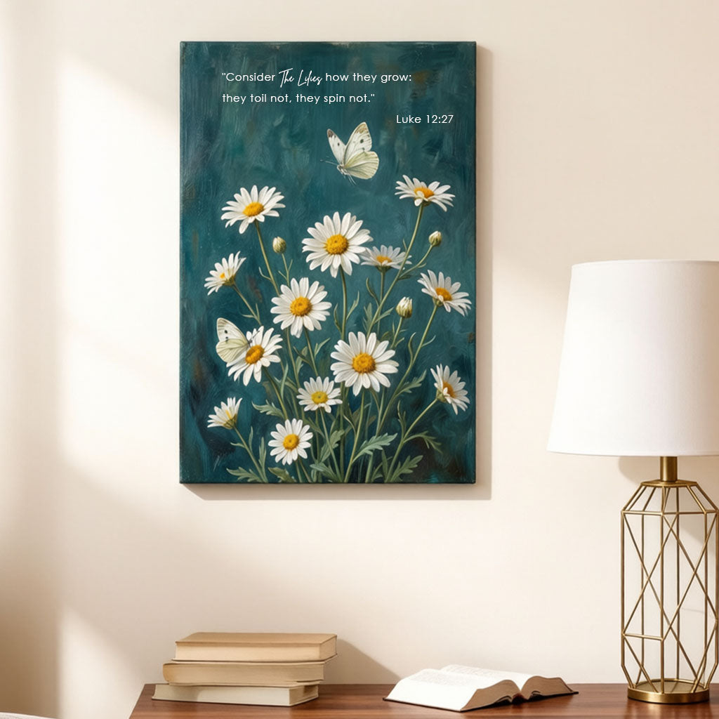 Luke 12:27 Consider the Lilies KJV Scripture Canvas Wall Art - Daisy Butterfly Botanical Decor