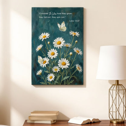 Luke 12:27 Consider the Lilies KJV Scripture Canvas Wall Art - Daisy Butterfly Botanical Decor