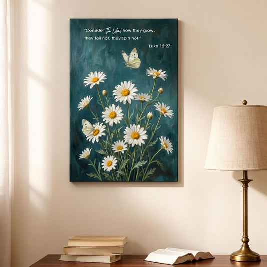 Luke 12:27 Consider the Lilies KJV Scripture Canvas Wall Art - Daisy Butterfly Botanical Decor