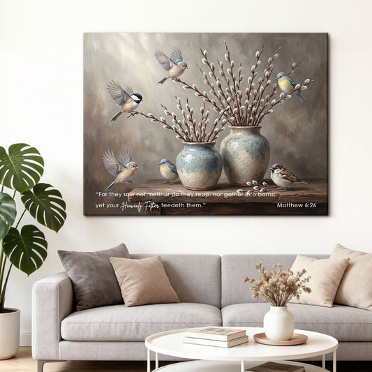 Matthew 6:26 Behold the Fowls of the Air KJV Scripture Canvas Wall Art - Birds and Willow Decor