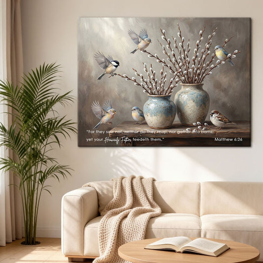 Matthew 6:26 Behold the Fowls of the Air KJV Scripture Canvas Wall Art - Birds and Willow Decor