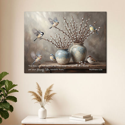 Matthew 6:26 Behold the Fowls of the Air KJV Scripture Canvas Wall Art - Birds and Willow Decor
