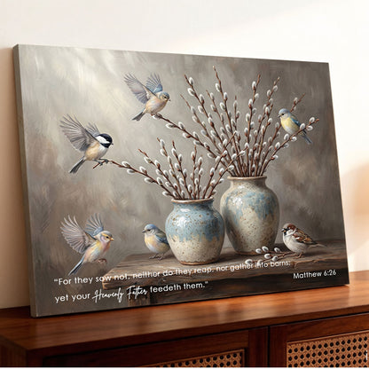 Matthew 6:26 Behold the Fowls of the Air KJV Scripture Canvas Wall Art - Birds and Willow Decor