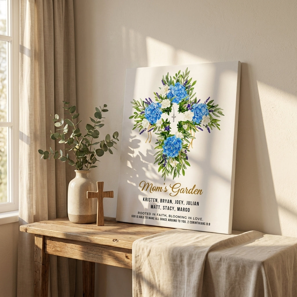 Mom’s Garden Personalized Floral Cross Canvas Print – Christian Gift for Mom