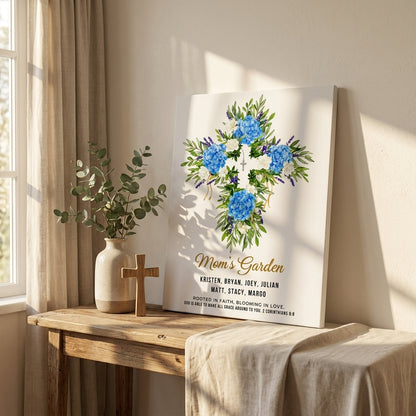 Mom’s Garden Personalized Floral Cross Canvas Print – Christian Gift for Mom