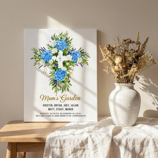 Mom’s Garden Personalized Floral Cross Canvas Print – Christian Gift for Mom