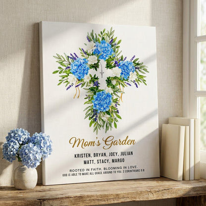 Mom’s Garden Personalized Floral Cross Canvas Print – Christian Gift for Mom