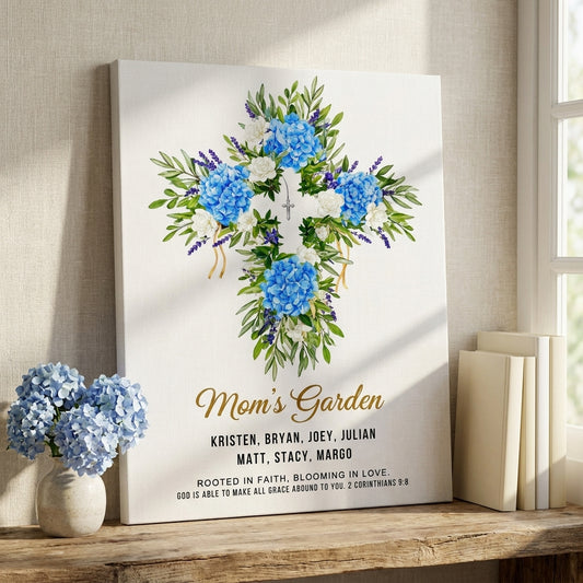 Mom’s Garden Personalized Floral Cross Canvas Print – Christian Gift for Mom