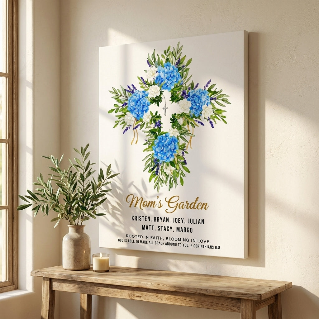 Mom’s Garden Personalized Floral Cross Canvas Print – Christian Gift for Mom