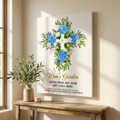 Mom’s Garden Personalized Floral Cross Canvas Print – Christian Gift for Mom