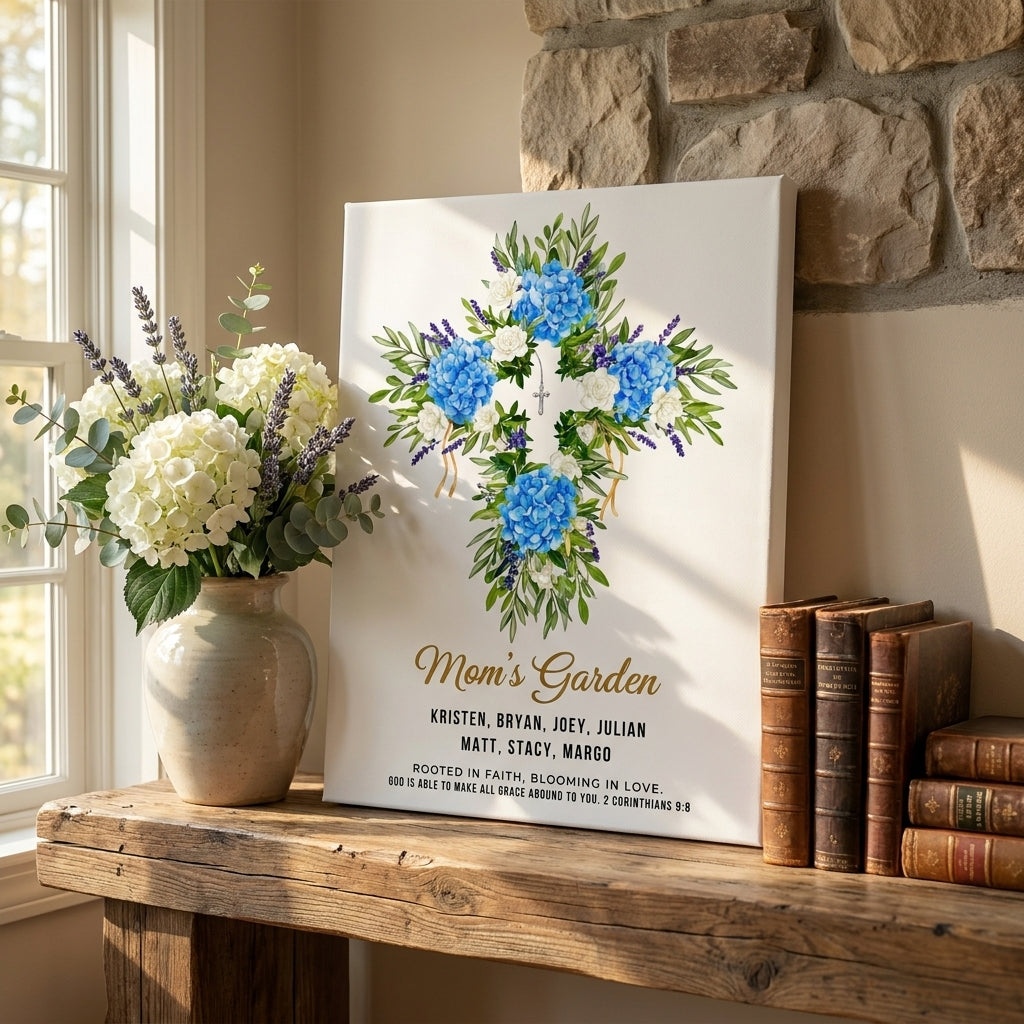 Mom’s Garden Personalized Floral Cross Canvas Print – Christian Gift for Mom