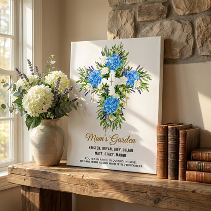 Mom’s Garden Personalized Floral Cross Canvas Print – Christian Gift for Mom
