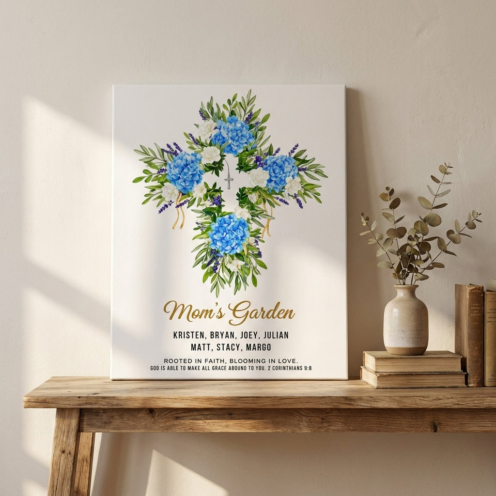 Mom’s Garden Personalized Floral Cross Canvas Print – Christian Gift for Mom