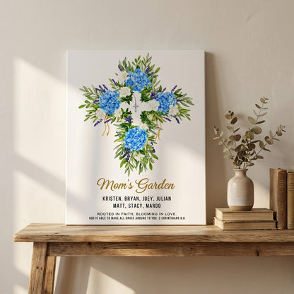 Mom’s Garden Personalized Floral Cross Canvas Print – Christian Gift for Mom