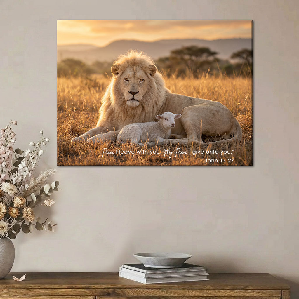 John 14:27 My Peace I Give Unto You KJV Scripture Canvas Wall Art - Lion and Lamb Sunset Decor