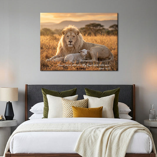 John 14:27 My Peace I Give Unto You KJV Scripture Canvas Wall Art - Lion and Lamb Sunset Decor