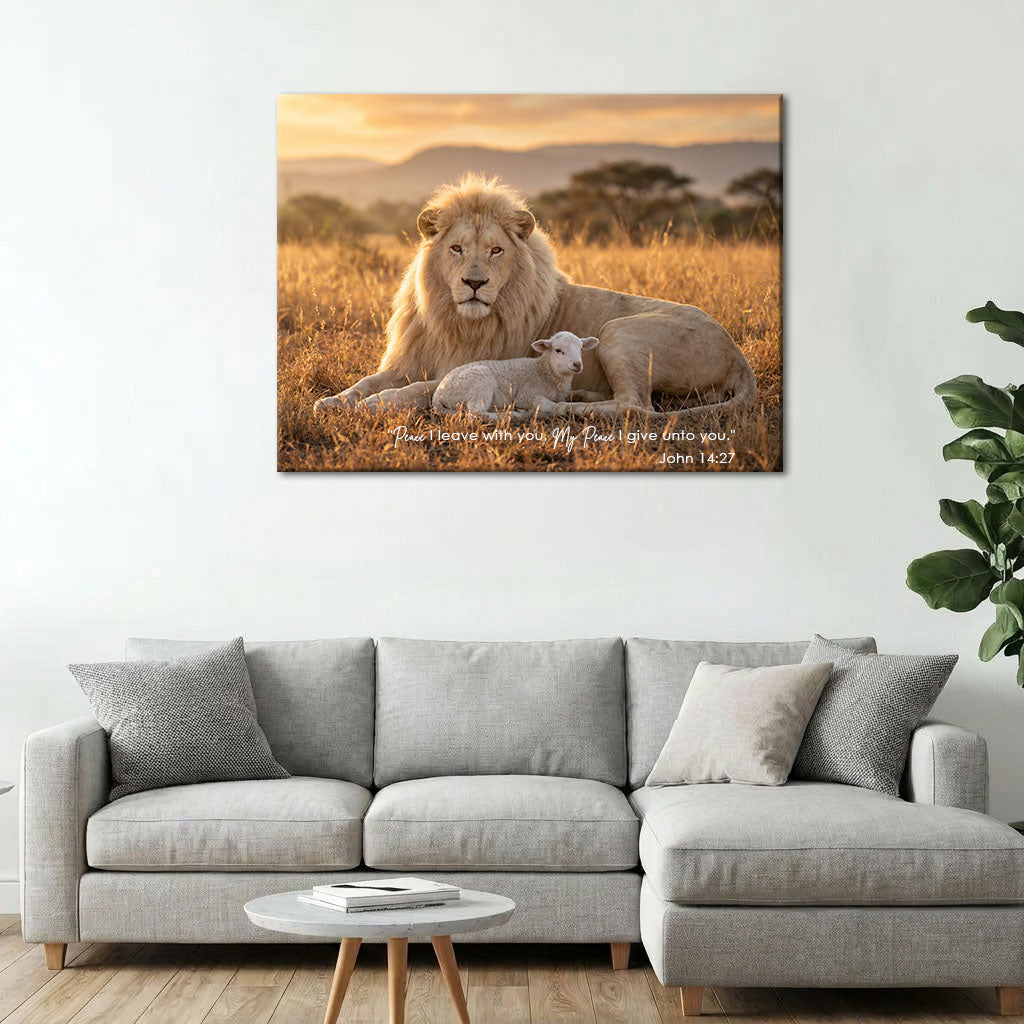 John 14:27 My Peace I Give Unto You KJV Scripture Canvas Wall Art - Lion and Lamb Sunset Decor