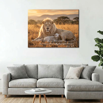 John 14:27 My Peace I Give Unto You KJV Scripture Canvas Wall Art - Lion and Lamb Sunset Decor